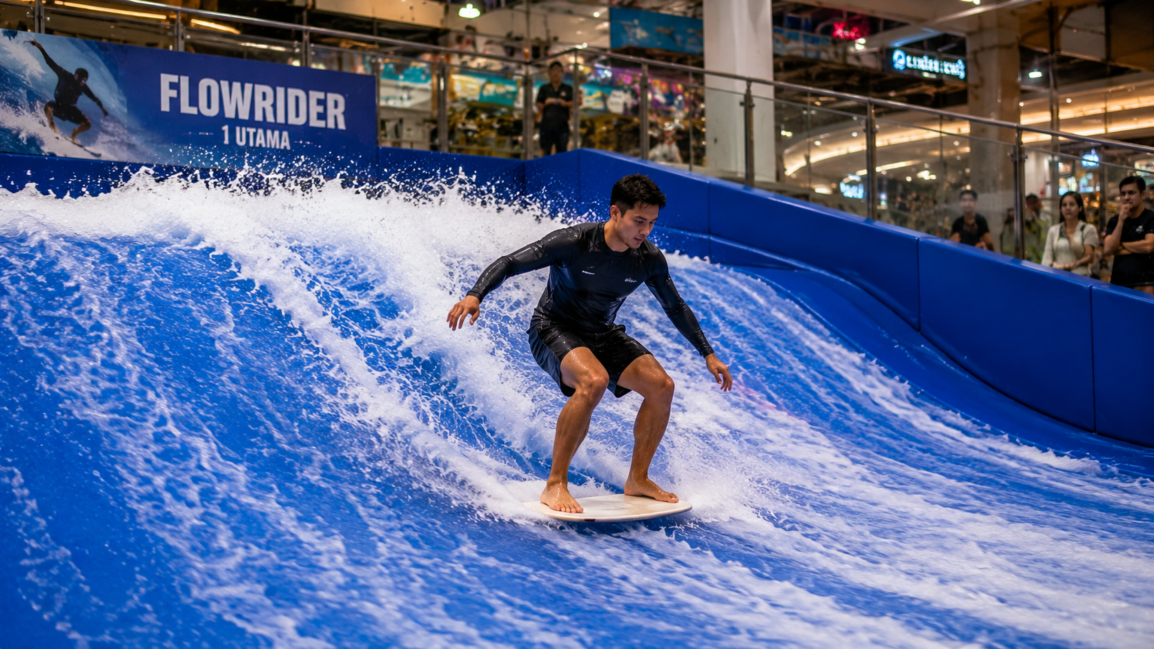 Indoor FlowRider surfing at 1 Utama