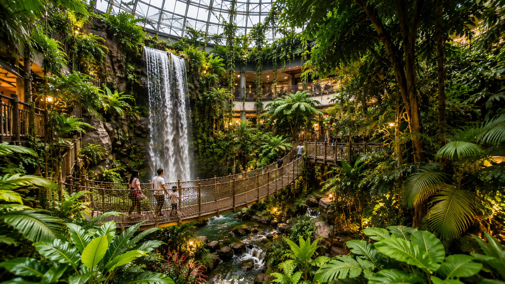Rainforest waterfall and tropical greenery at 1 Utama