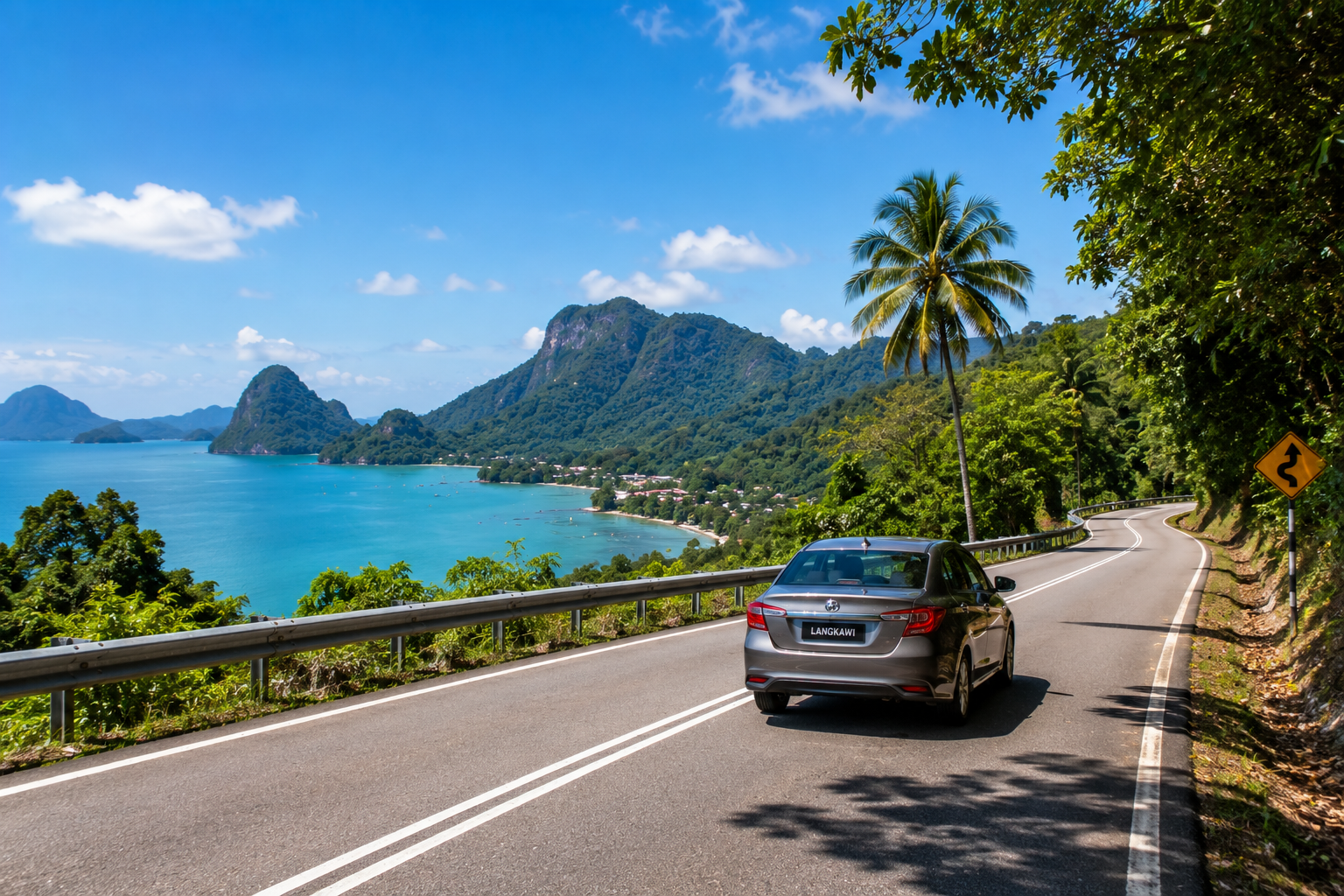 Rental car on a scenic tropical road in Langkawi