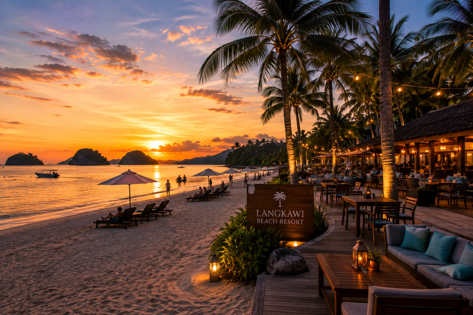 Beach resort at sunset in Langkawi